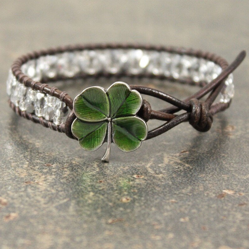 Green Four Leaf Clover Bracelet Beaded Leather Celtic Bracelet for St. Patrick's Day