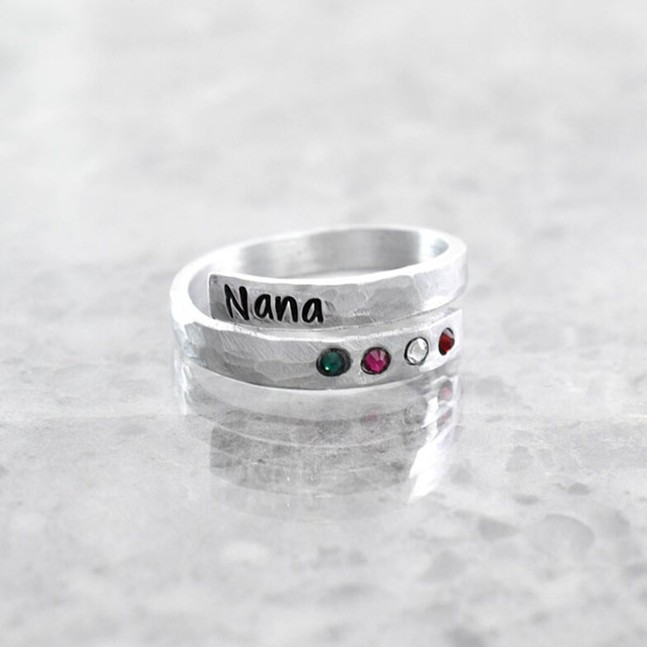 Personalised Birthstone Wrap Name Ring with 1-8 Birthstones Mother's Day Gift