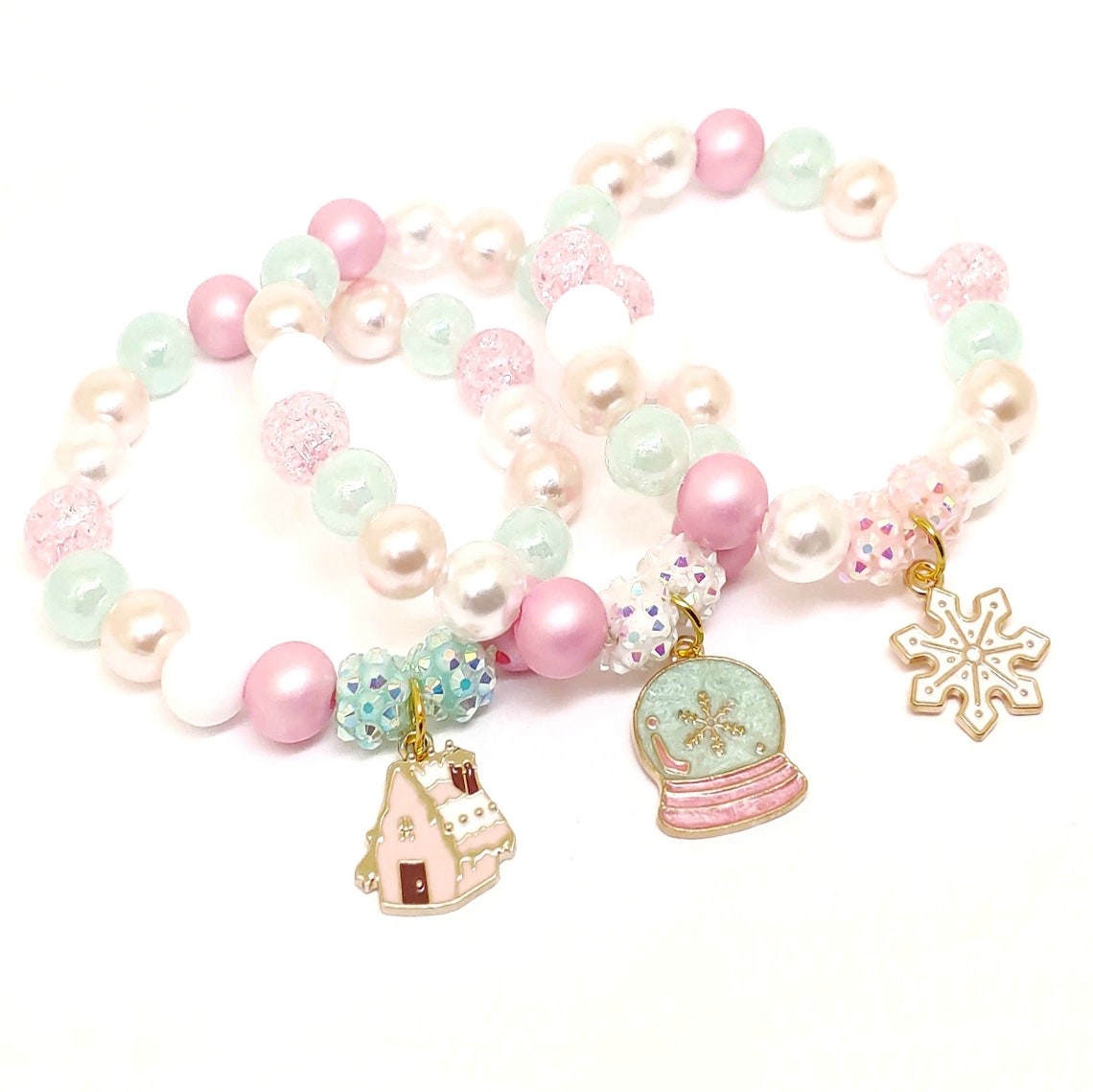 Pink Gingerbread House Snowflake Snowglobe Bracelets