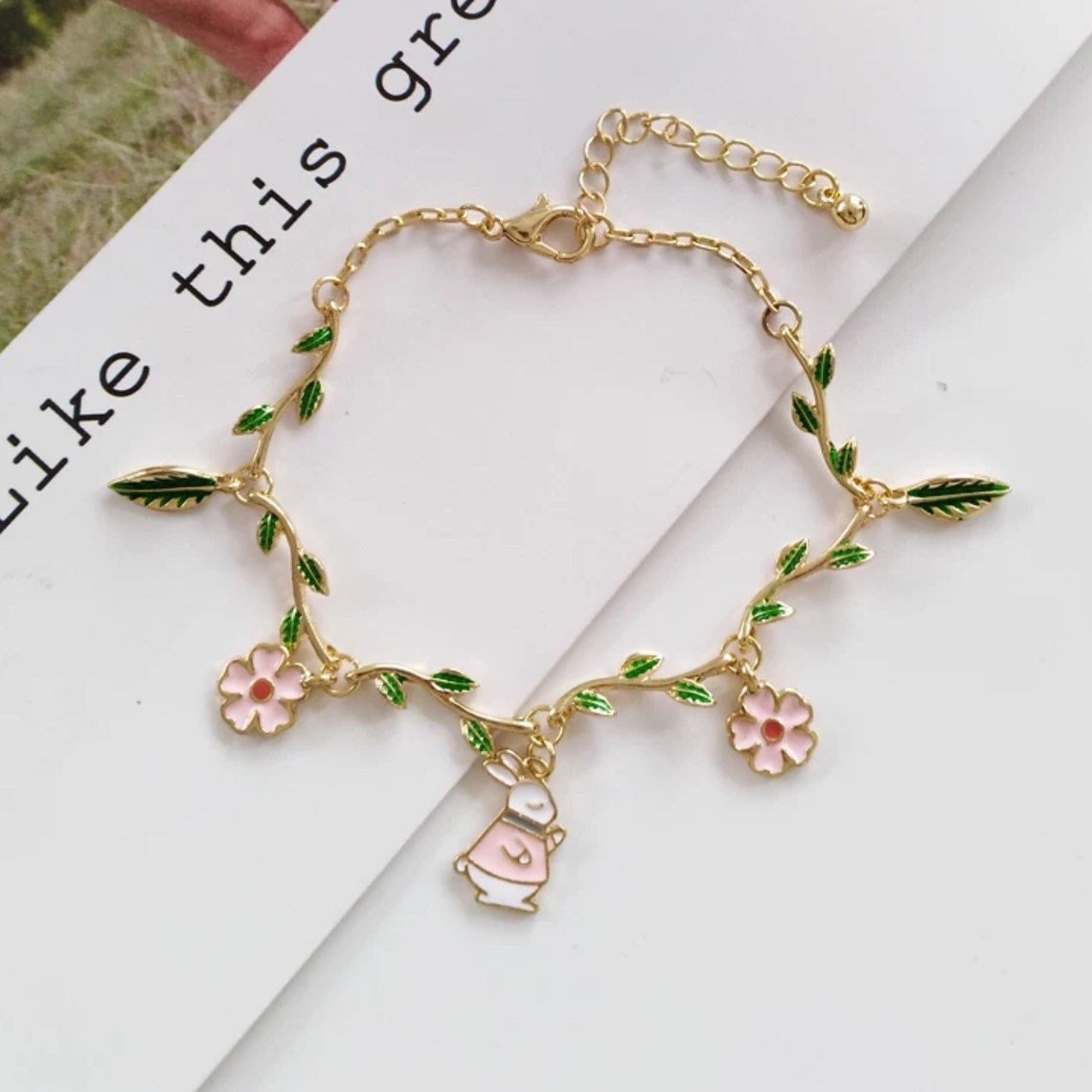 Cute Bunny and Garden Floral Adjustable Bracelet