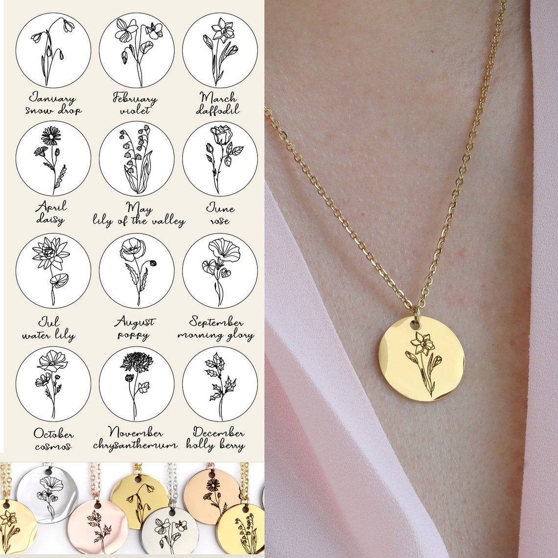 Personalised Birth Month Flower Necklace Gift for Mum 