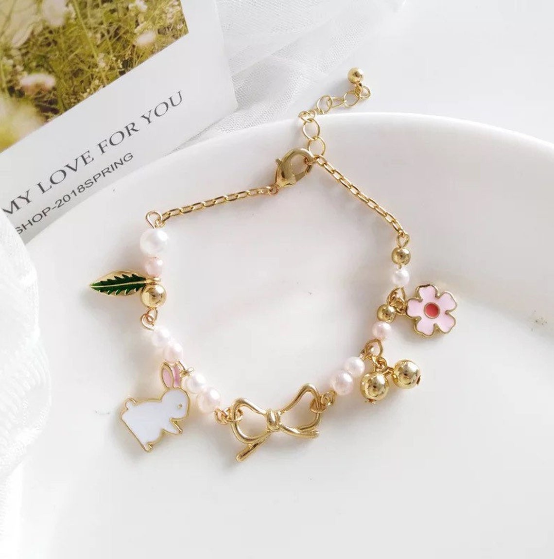 Bunny Flower and Leaf Adjustable Bracelet