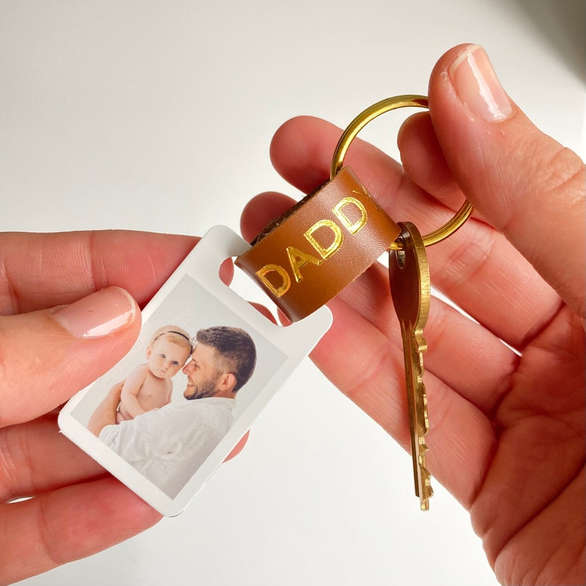 Personalised Dad Grandad Leather Photo Keychain