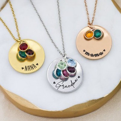 Personalised Mama Nana Grandma Disc Pendant Birthstone Necklace