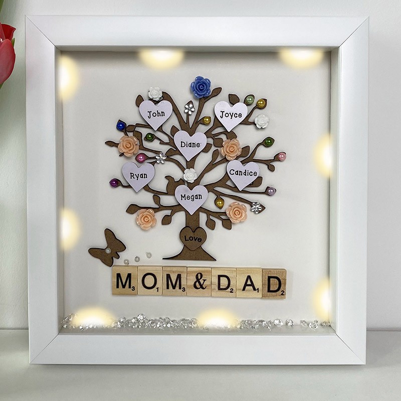 Personalised Light Up Family Tree Box Frame with 1-20 Names Mother's Day Gift For Grandma, Mum