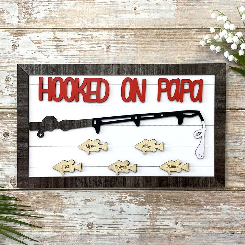 Handmade Personalised Fishing Trip Gift Hooked on Grandpa Papa Dad Father's Day Birthday Sign For Him