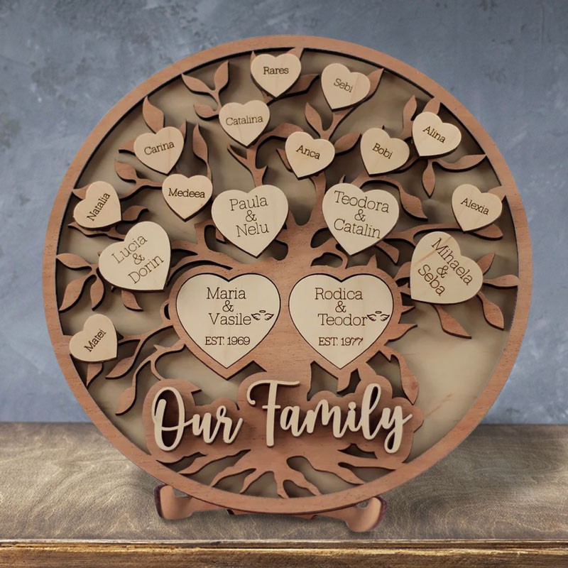 Personalised Wood Family Tree Sign with Engraved Names Christmas Gift