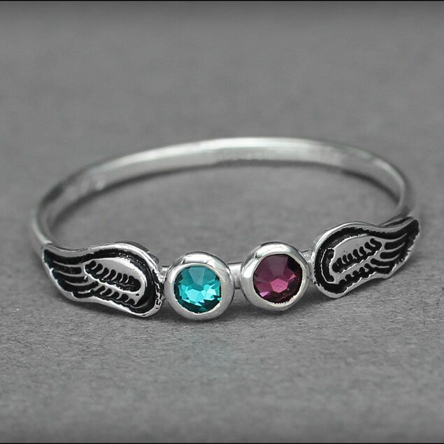 Personalised Angel Wings Birthstone Ring Memorial Gift Christmas Gift