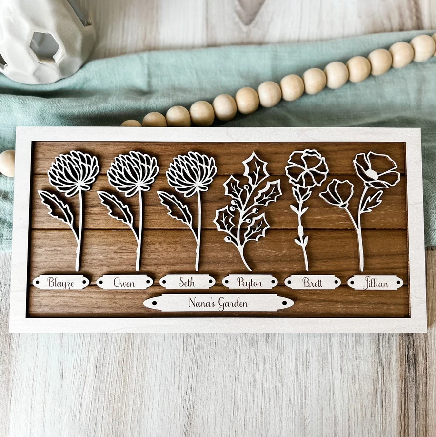 Personalised Nana's Garden Birth Flower Sign with Kids Names Gift Ideas for Grandma Mother's Day Gift