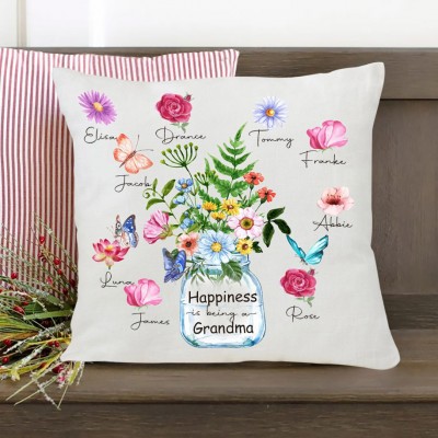 Personalised Birth Month Flower Pillow with Grandkids Names Happiness Is Being A Grandma Pillow Gift Ideas for Grandma Mum