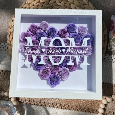 Personalised Mum Heart Shaped Monogram Flower Shadow Box Gift for Mum Grandma
