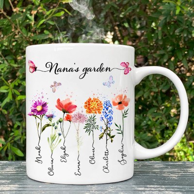 Personalised Nana's Garden Birth Month Flower Mug With Grandkids Names Gift Ideas for Mum Grandma