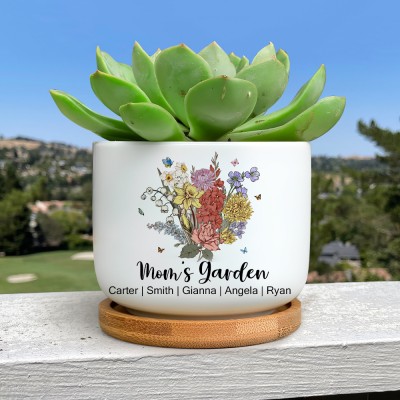 Personalised Mum's Garden Pot Birth Month Flower Bouquet Family Plant Pot with Kids Names Gifts For Mum Grandma