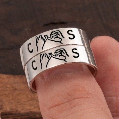 Personalised Initials Pinky Swear Minimalist Stacking Couples Ring Set