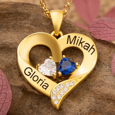 Custom Heart Shaped Name Necklace with 2 Birthstones Gifts for Soulmate Girlfriend Christmas Gift Ideas Anniversary Gifts