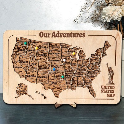 Personalised USA Push Pin Wooden Travel Map Keepsake Gifts for Couple Valentine's Day Gifts for Him Anniversary Gifts