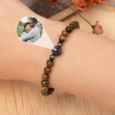 Personalised Tiger's Eye Stone Mens Beaded Photo Projection Bracelet with Picture Inside Gifts for Dad Husband