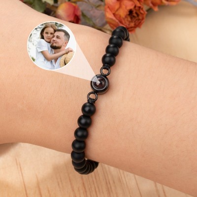 Personalised Black Beaded Photo Projection Bracelet Gift Ideas for Dad Father Anniversary Gifts