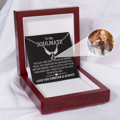 To My Soulmate Personalised Wings Charm Photo Projection Necklace with Picture Inside Gifts for Girlfriend Wife Christmas Gifts