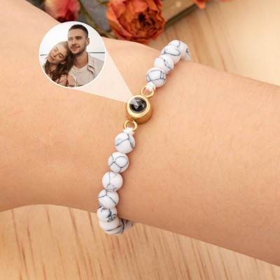 Personalised White Beaded Memory Photo Projection Bracelet with Picture Inside Gifts for Him
