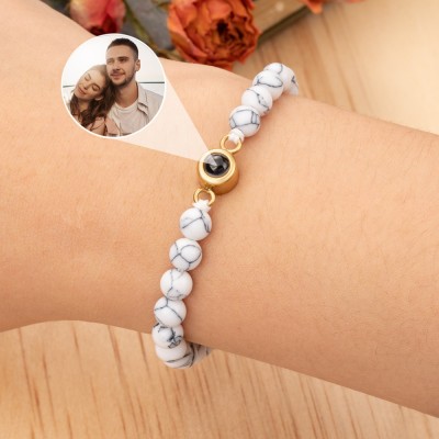 White Beaded Photo Projection Memory Bracelet with Picture Inside Personalised Gifts for Him Christmas Gift Ideas