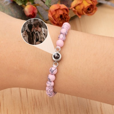 Personalised Pink Beaded Projection Photo Bracelet with Picture Inside Gifts for Her Wife Women Girlfriend