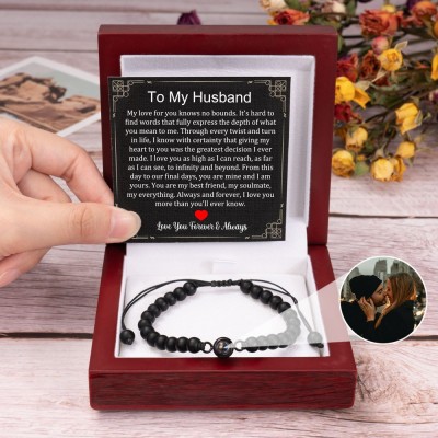 To My Husband Personalised Black Beaded Projection Photo Bracelet Christmas Gifts for Husband Anniversary Gift Ideas