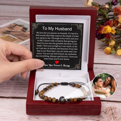 To My Husband Personalised Tiger's Eye Stone Beaded Photo Projection Bracelet Anniversary Gifts for Him Christmas Gifts