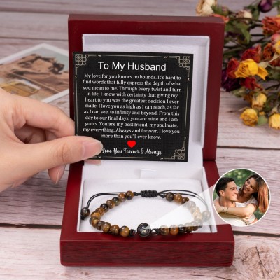 Personalised To My Husband Tiger's Eye Stone Beaded Photo Projection Bracelet Anniversary Gifts for Him Husband Man