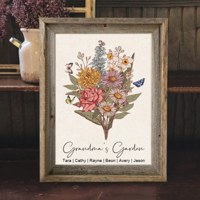 Personalised Grandma's Garden Birth Flower Bouquet Art Print Frame Gift For Mum Grandma
