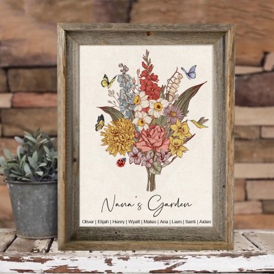 Custom Nana's Garden Birth Flower Bouquet Art Frame with Kids Names Christmas Gift Ideas for Mum Grandma