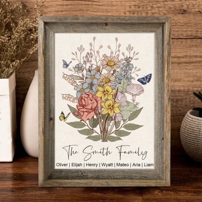 Custom Family Birth Flower Bouquet Art Print Frame with Kids Names Christmas Gift Ideas for Mum Grandma