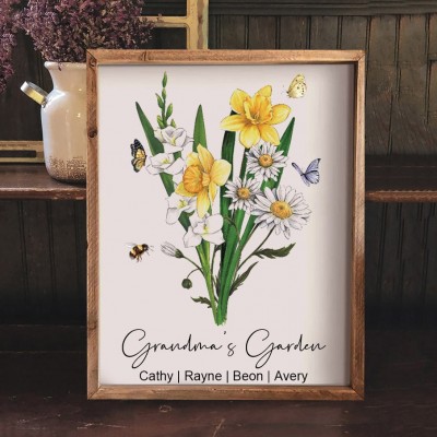 Personalised Grandma's Garden Birth Month Flower Art Print Frame Gift For Mum Grandma Wife Her