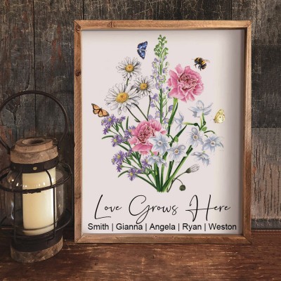 Personalised Birth Flower Family Bouquet Frame with Kids Names Gift For Mum Grandma Wife Her 