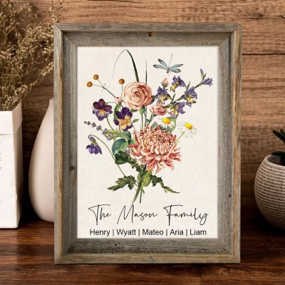 Personalised Family Watercolour Birth Flower Bouquet Print Frame with Kids Names Christmas Gift Ideas for Mum Grandma