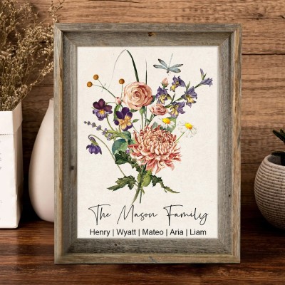 Personalised Family Watercolour Birth Flower Bouquet Print Frame with Kids Names Gift Ideas For Mum Grandma Her