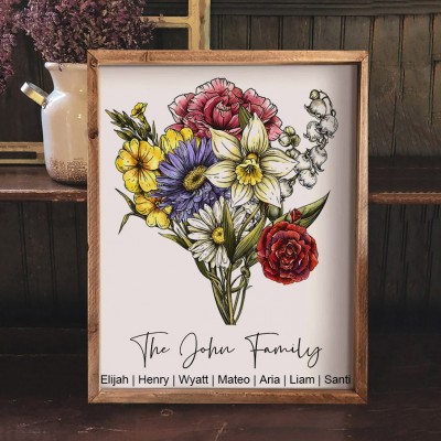 Birth Month Flower Family Bouquet Art Print Frame Personalised Christmas Gifts for Grandma Mum