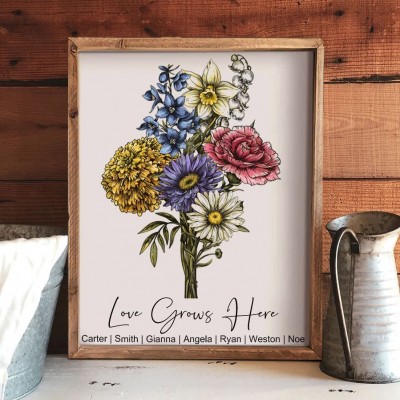 Personalised Birth Flower Bouquet Print Frame Family Keepsake GIfts For Grandma Mum