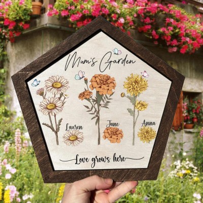 Personalised Birth Month Flower Mum's Garden Frame Wood Sign Gift for Mum Grandma Wife Her