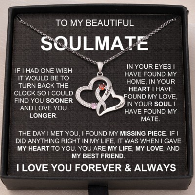 To My Soulmate Personalised Double Heart Necklace With 2 Names and Birthstones Anniversary Gifts For Wife Valentine's Day Gift For Girlfriend