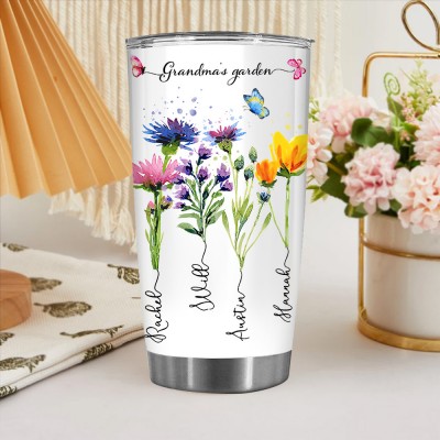 Personalised Grandma's Garden Birth Month Flower Tumbler With Grandkids Names Unique Christmas Gift for Grandma Mum