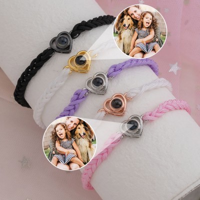 Personalised Heart Photo Projection Rope Bracelet Gift for Grandma Mum