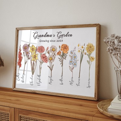 Custom Grandma's Garden Birth Month Flower Frame with Grandkids Names Gift Ideas for Grandma Christmas Gifts for Mum