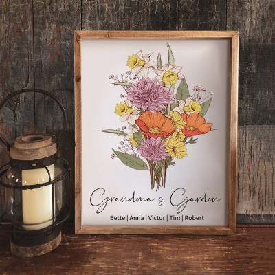 Personalised Grandma's Garden Birth Flower Bouquet Wooden Frame With Grandkids Names Gift Ideas For Mum Grandma Mother's Day Gift