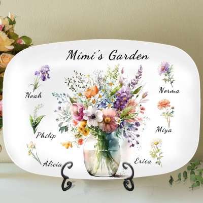 Custom Mimi's Garden Birth Month Flower Platter with Kids Names Family Keepsake Gifts Christmas Gifts