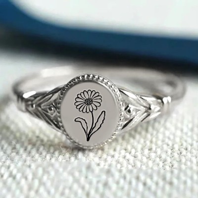 Personalised Birth Flower Ring Vintage Flower Signet Ring