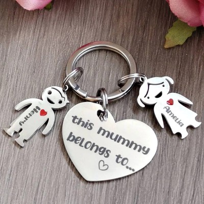 This Mummy Belongs To...Personalised Children Charm Engraved Keyring with Red Enamel Heart Mother's Day Gift for Mum