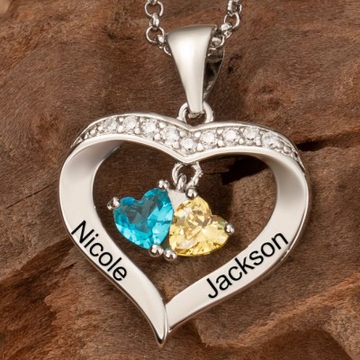 Personalised Heart Shaped Couple Engraved Names Necklace With Birthstones Design Unique Gift For Girlfriend Birthday Gift For Best Friend Valentine's Day Gift Ideas