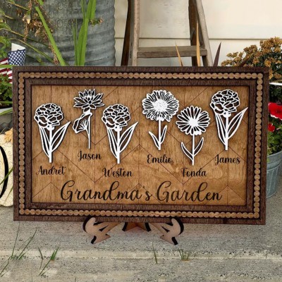 Personalised Grandma's Garden Birth Month Flower Sign with Kid Names Gift Ideas for Mum Grandma Birthday Gift