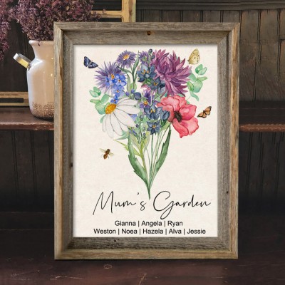 Personalised Mum's Garden Watercolor Birth Flower Bouquet Frame Family Gift Ideas for Grandma Mum Mother's Day Gift